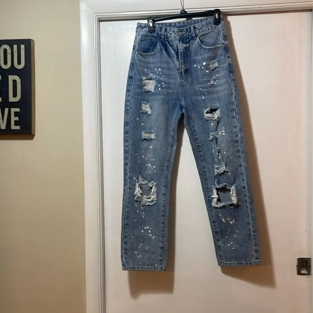 Trendy Blue Denim Jeans distressed, baggie, size medium